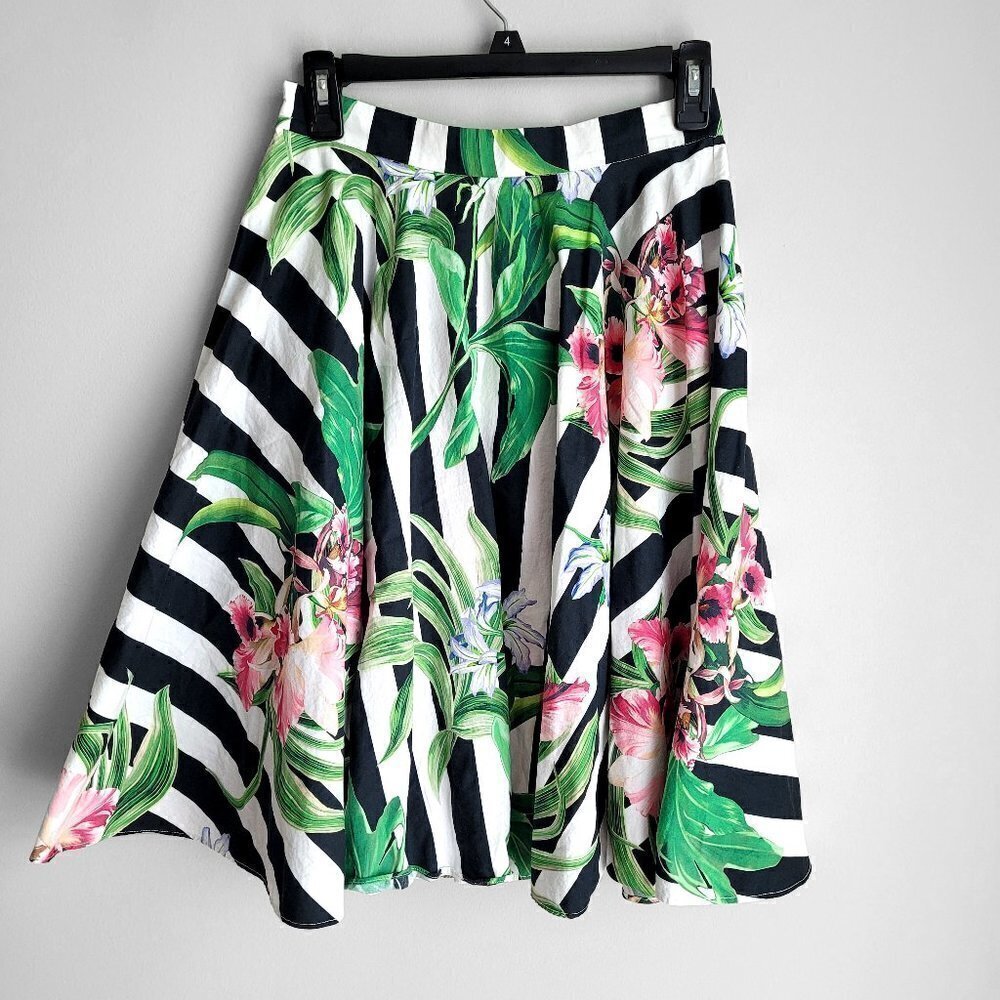 Georges Hobeika Cotton Black & White Stripes Floral Print A-Line Ruffled Skirt